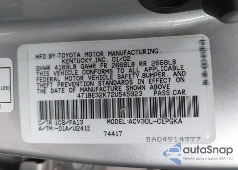 2002 Toyota Camry Xle z USA, uszkodzony, nr VIN 4T1BE32K72U545923
